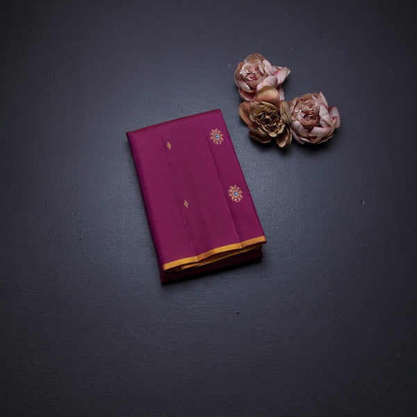Dark Pink Borderless Silk Saree With Floral Zari Buttas On The Body