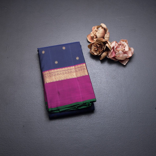 Navy Blue Silk Saree With Chakra Zari Buttas And Pink Zari Border