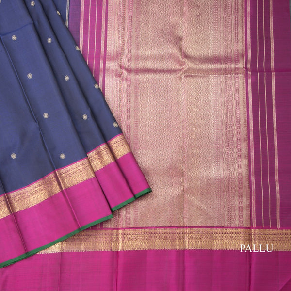 Navy Blue Silk Saree With Chakra Zari Buttas And Pink Zari Border