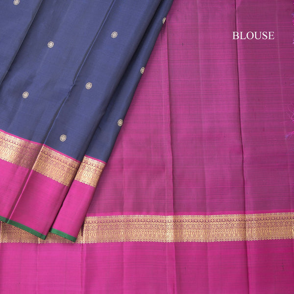 Navy Blue Silk Saree With Chakra Zari Buttas And Pink Zari Border
