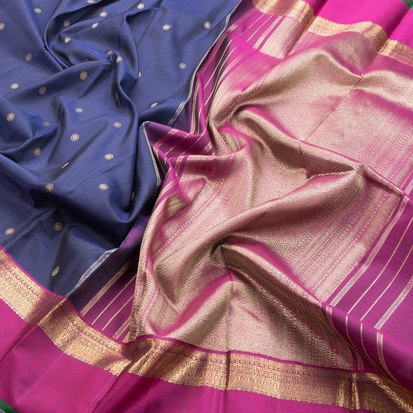 Navy Blue Silk Saree With Chakra Zari Buttas And Pink Zari Border - Kumaran Silks