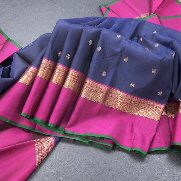 Navy Blue Silk Saree With Chakra Zari Buttas And Pink Zari Border