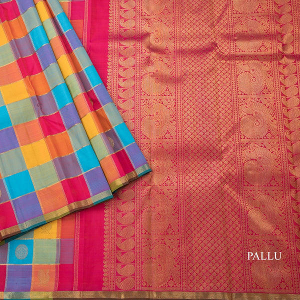 Multi Colour Checked Borderless Silk Saree With Peacock And Chakra Buttas