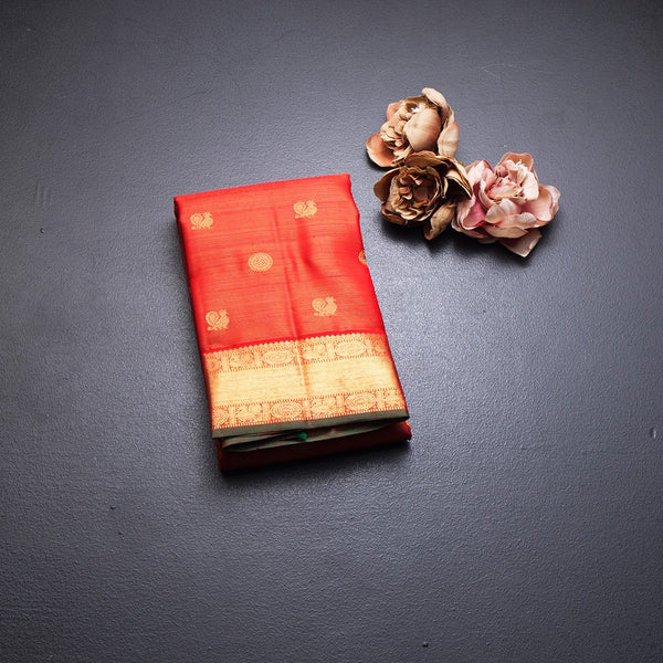 Red Vairaoosi Silk Saree With Peacock And Chakra Buttas And Rettapet Border