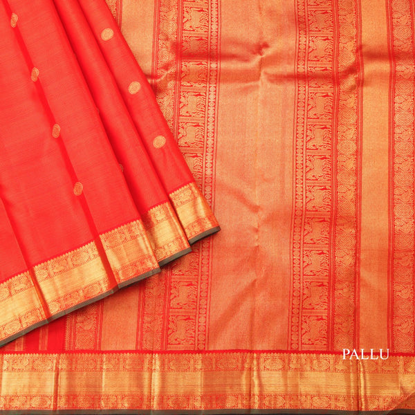 Red Vairaoosi Silk Saree With Peacock And Chakra Buttas And Rettapet Border