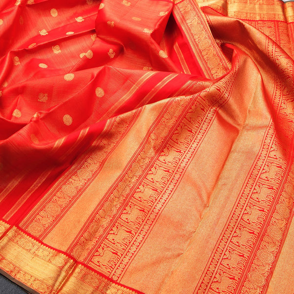 Red Vairaoosi Silk Saree With Peacock And Chakra Buttas And Rettapet Border
