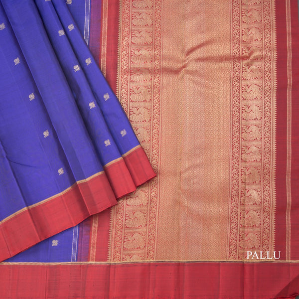 Blue Silk Saree With Peacock And Chakra Buttas And Maroon Border