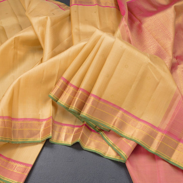 Sandal Checked Silk Saree With Chakra And Mango Buttas And Zari Border