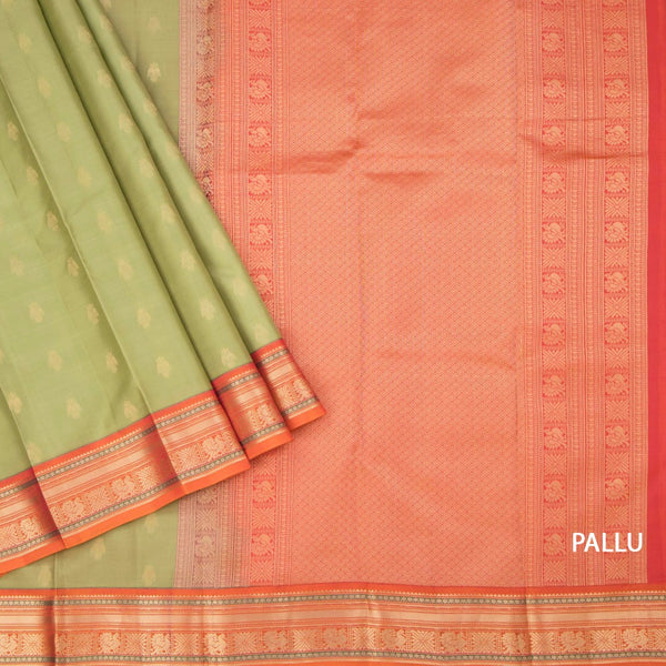 Pista Green Soft Silk Saree With Peacock Buttas On The Body And Orange Zari Border