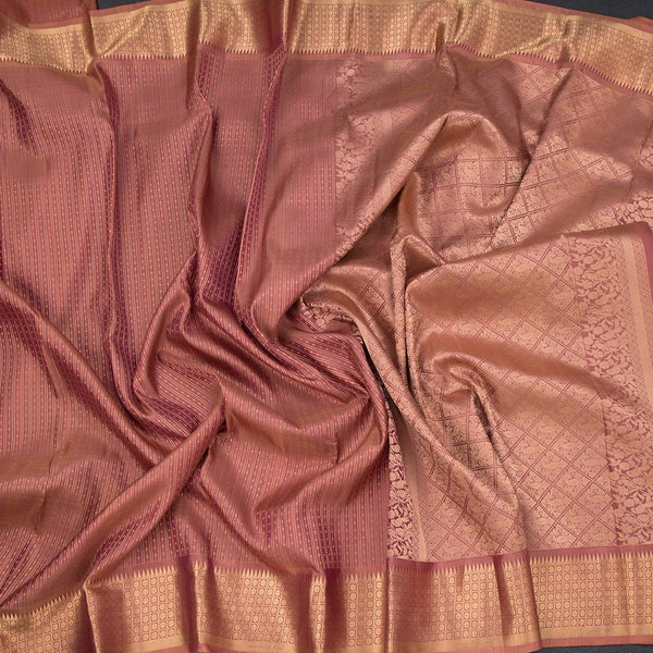 Onion Pink Soft Silk Saree With Vertical Design On The Body And Temple Zari Border