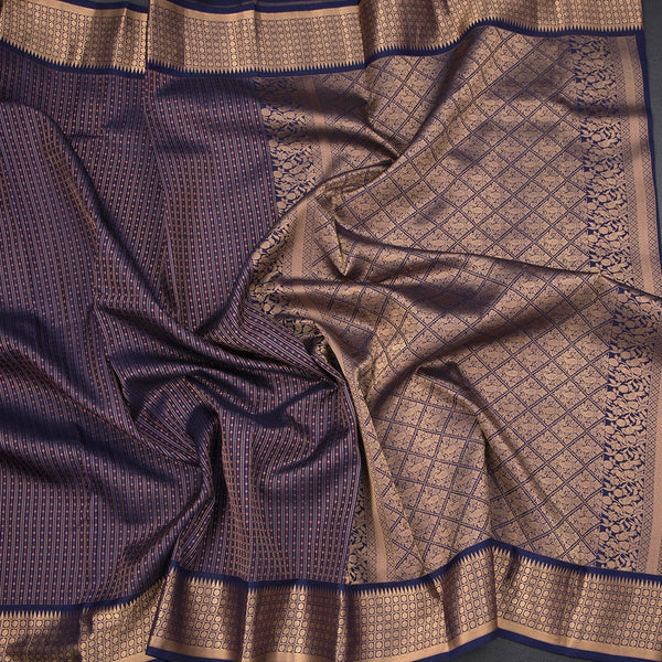 Dark Blue Soft Silk Saree With Vertical Design On The Body And Temple Zari Border