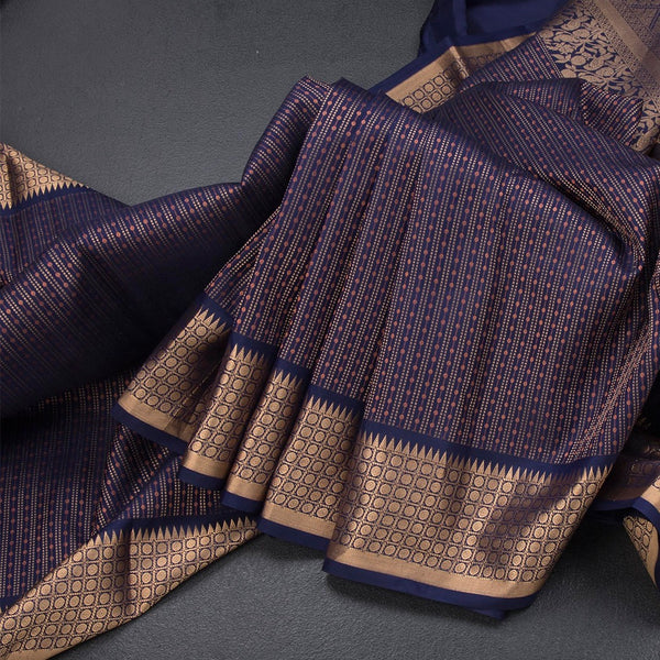 Dark Blue Soft Silk Saree With Vertical Design On The Body And Temple Zari Border