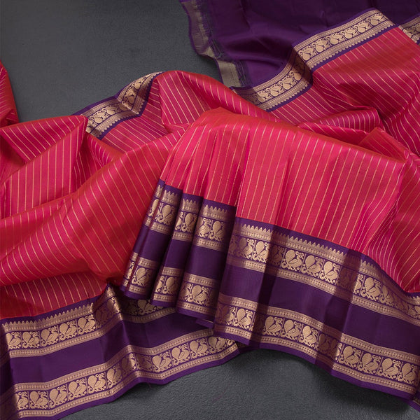 Reddish Pink Soft Silk Saree with Vertically Striped Design And Rettapet Border