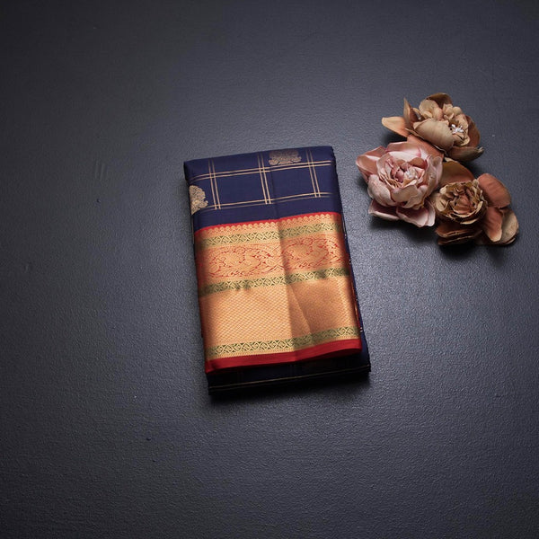Navy Blue Silk Saree Checks With Peacock Design And Gold Zari Border