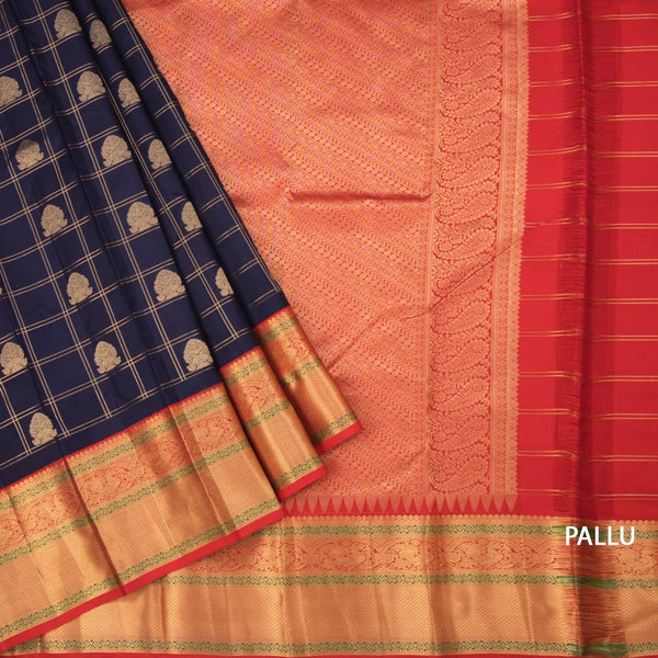 Navy Blue Silk Saree Checks With Peacock Design And Gold Zari Border