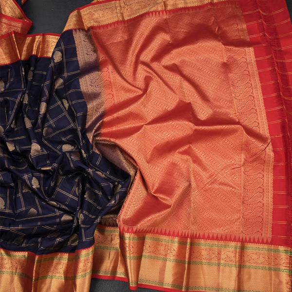 Navy Blue Silk Saree Checks With Peacock Design And Gold Zari Border
