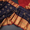 Navy Blue Silk Saree Checks With Peacock Design And Gold Zari Border
