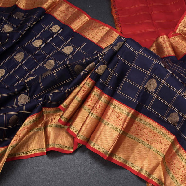 Navy Blue Silk Saree Checks With Peacock Design And Gold Zari Border