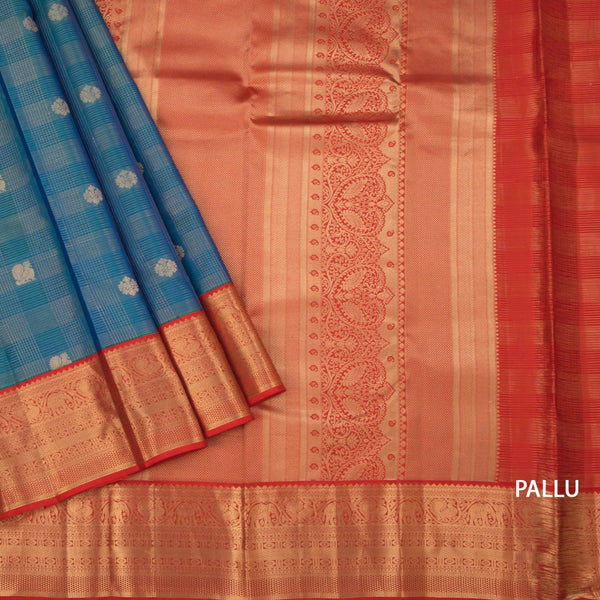 Peacock Blue Soft Silk Saree Checks With Peacock And Floral Design And Zari Border