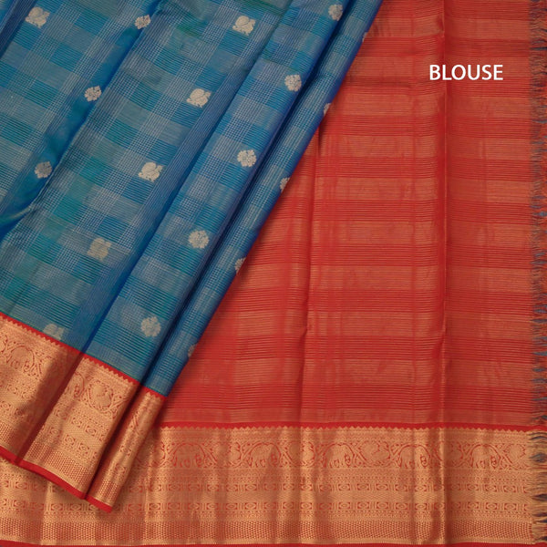 Peacock Blue Soft Silk Saree Checks With Peacock And Floral Design And Zari Border
