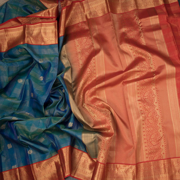 Peacock Blue Soft Silk Saree Checks With Peacock And Floral Design And Zari Border