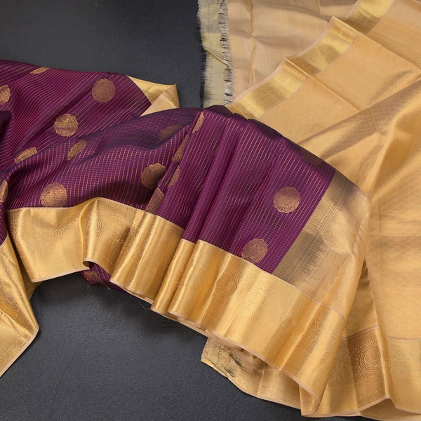 Purple Zari Checked Soft Silk Saree With Peacock Design and Gold Zari Border