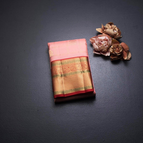 Peach Silk Saree Checks With Peacock Design And Gold Zari Border