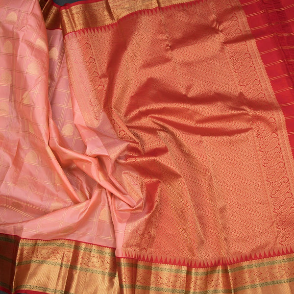 Peach Silk Saree Checks With Peacock Design And Gold Zari Border