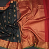 Dark Green Zari Checked Soft Silk Saree With Peacock Design and Gold Zari Border