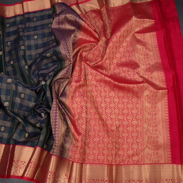 Shot Colour Soft Silk Saree Checks With Elephant And Chakra Design And Zari Border