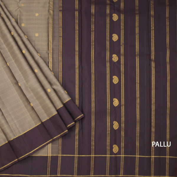 Brown Silk Saree With Peacock And Chakra Buttas And Simple Border
