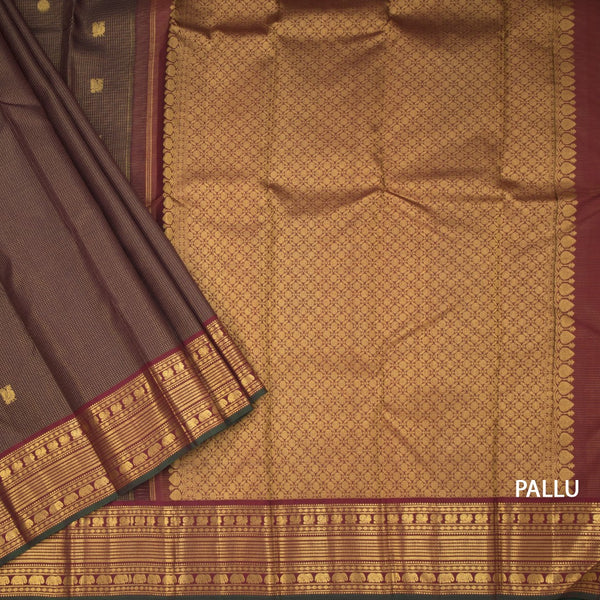 Vairaoosi Dark Brown Silk Saree With Peacock And Chakra Buttas And Gold Zari Border