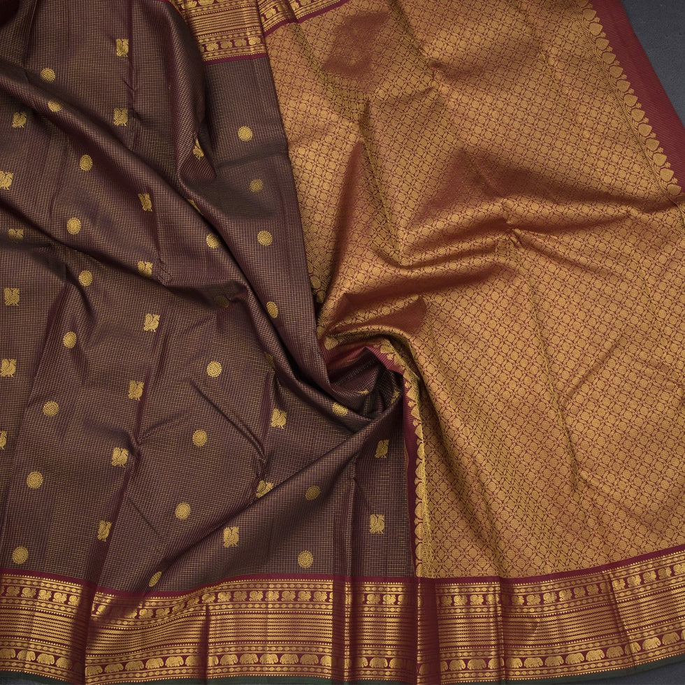 Vairaoosi Dark Brown Silk Saree With Peacock And Chakra Buttas And Gold Zari Border