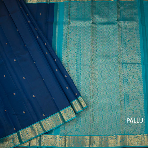 Peacock Blue Silk Saree With Small Buttas And Gold Zari Border