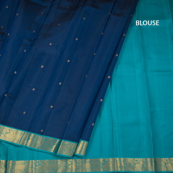 Peacock Blue Silk Saree With Small Buttas And Gold Zari Border