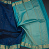 Peacock Blue Silk Saree With Small Buttas And Gold Zari Border