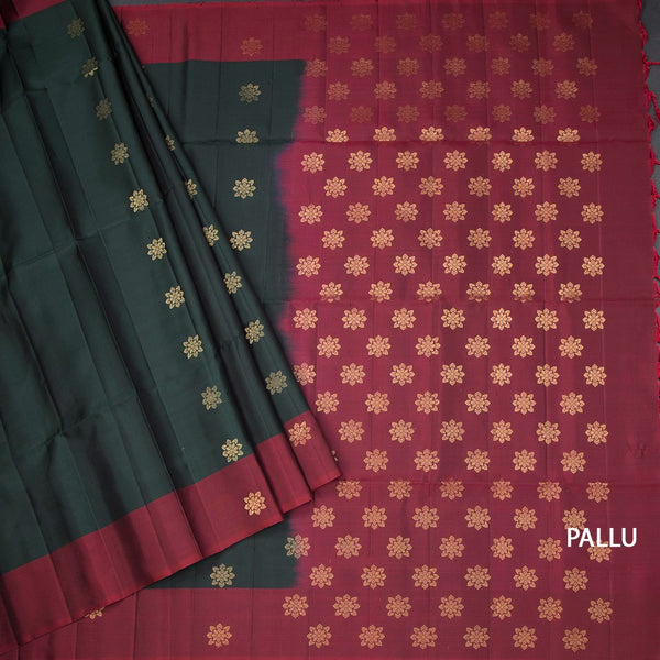 Bottle Green Soft Silk Saree With Floral Buttas And Maroon Border