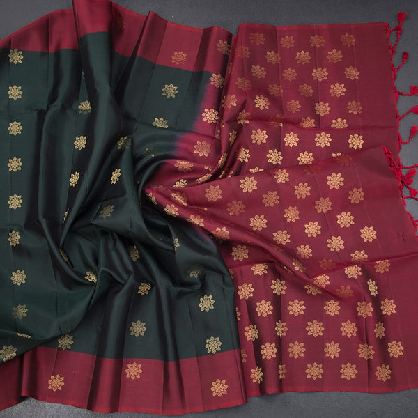 Bottle Green Soft Silk Saree With Floral Buttas And Maroon Border
