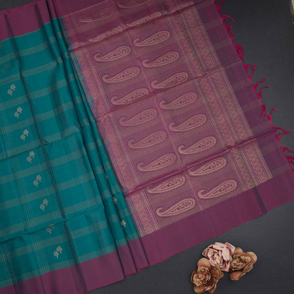 Peacock Blue Soft Silk Saree With Checks Design And Simple Border