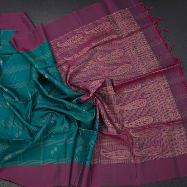 Peacock Blue Soft Silk Saree With Checks Design And Simple Border