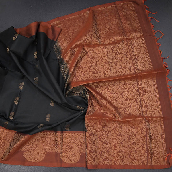 Black Soft Silk Saree With Floral Buttas And Paisley Border