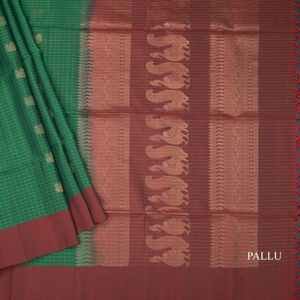 Green Checked Soft Silk Saree With Elephant Buttas And Maroon Border