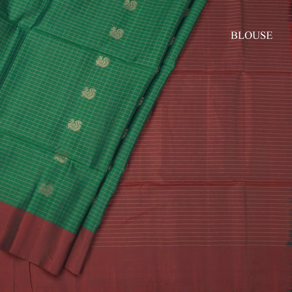 Green Checked Soft Silk Saree With Elephant Buttas And Maroon Border
