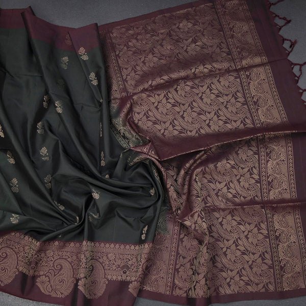 Bottle Green Soft Silk Saree With Floral Buttas And Brown Border