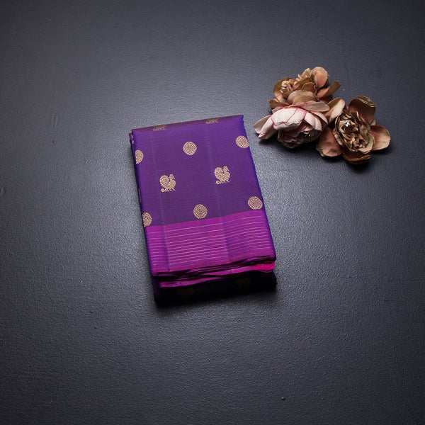 Purple Silk Saree With Peacock And Chakra Buttas And Stripes Border