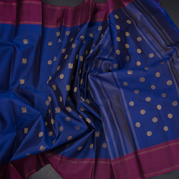 Dark Blue Silk Saree With Peacock And Chakra Buttas