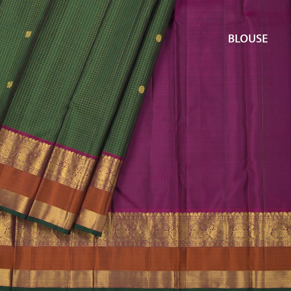 Green Micro Checked Silk Saree With Peacock And Chakra Buttas
