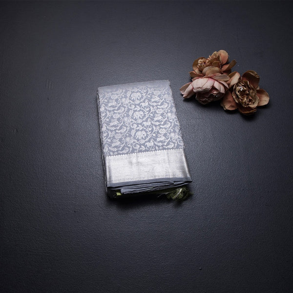 Grey Brocade Silk Saree In Silver Zari And Zari Border