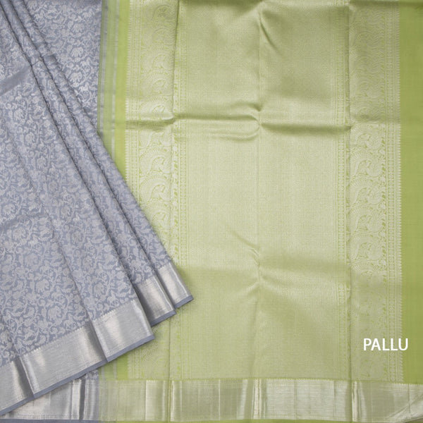 Grey Brocade Silk Saree In Silver Zari And Zari Border