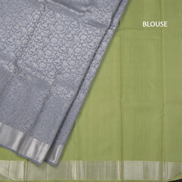Grey Brocade Silk Saree In Silver Zari And Zari Border